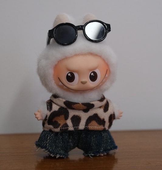 Labubu Clothes | Labubu Pin For Love Clothes | Labubu Leopard Print Outfit Set | The Monsters Fuzzy Top & Distressed Denim (Doll Not Included)