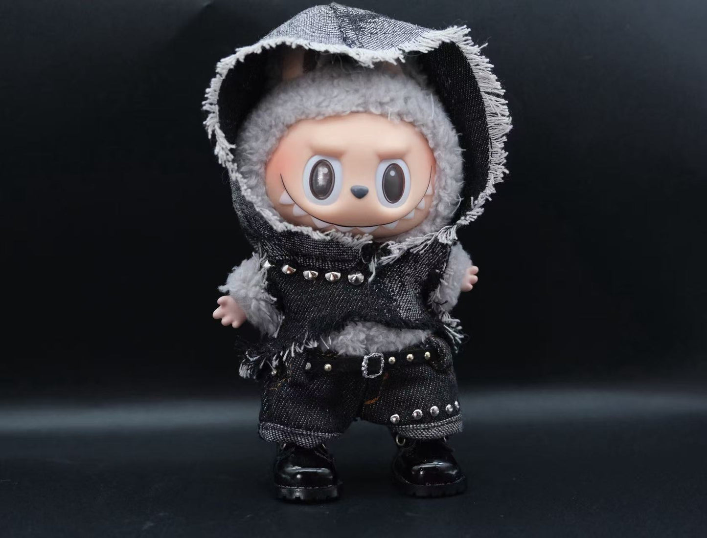 Labubu Spiked Denim Hoodie Outfit | Punk Streetwear 4-Piece Set