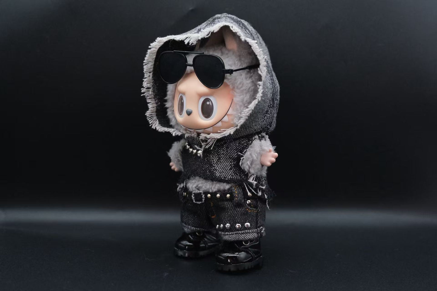 Labubu Spiked Denim Hoodie Outfit | Punk Streetwear 4-Piece Set