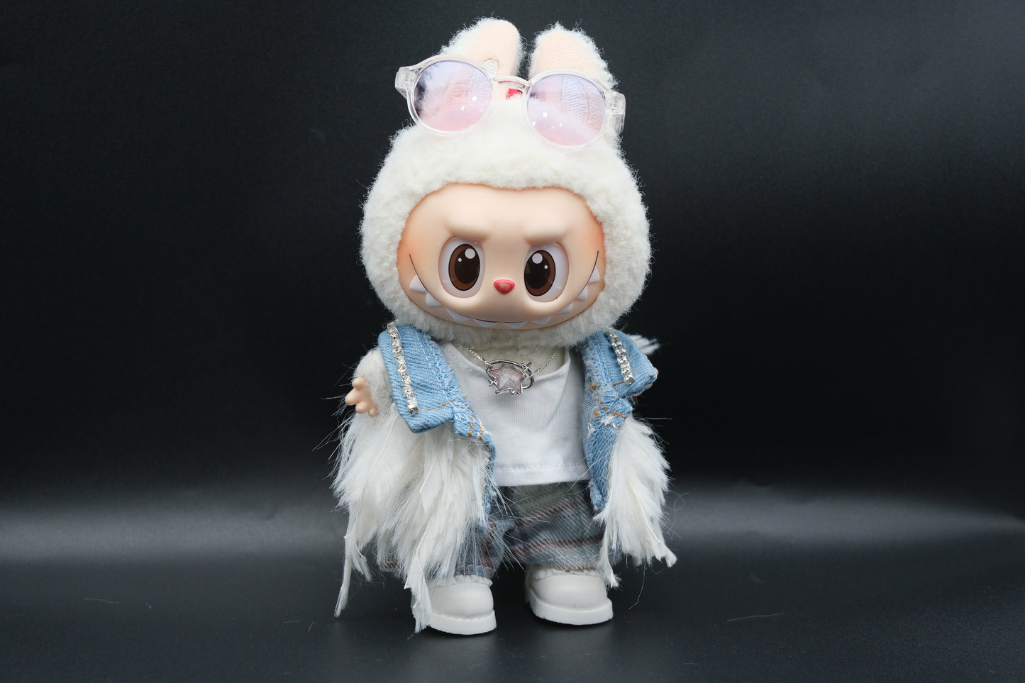 Labubu Clothes (doll not included)|Labubu Outfit| designer|Fallen Angel Outfit - Sunglasses, Jacket,T-shirt,Necklace,Jeans,Shoes