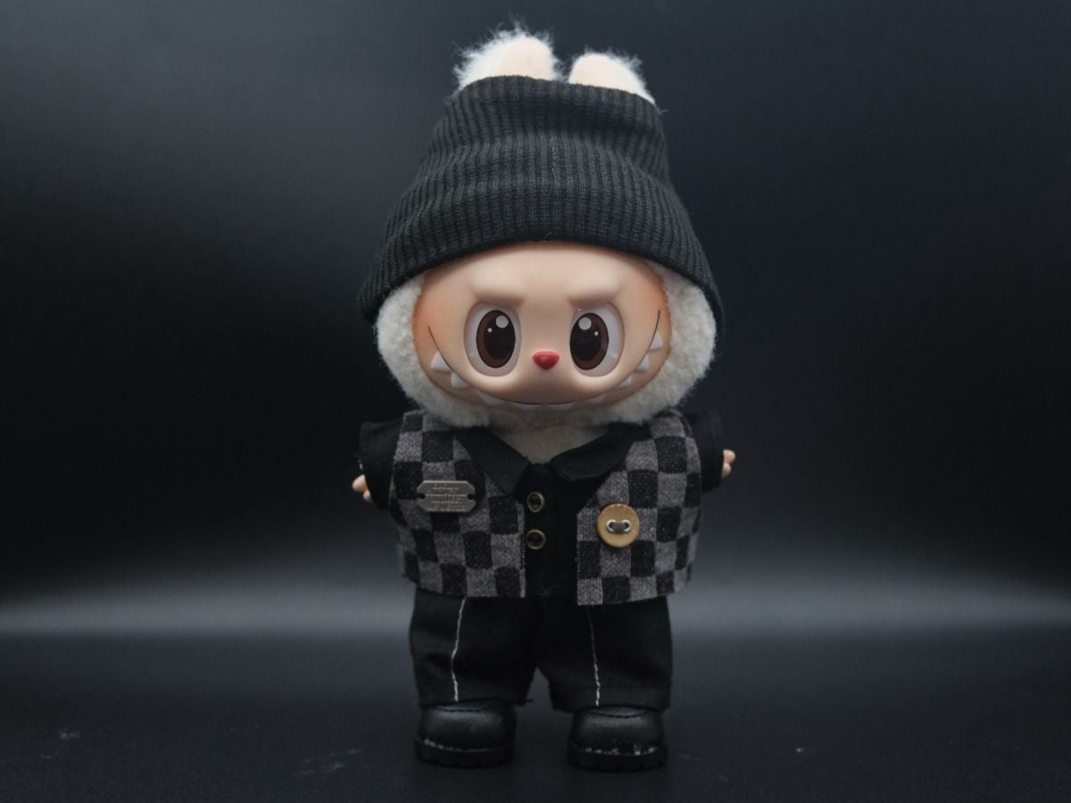 Labubu Clothes (doll not included) | Labubu Outfit | Labubu Streetwear | Cool Checkered Gentleman -Knit Beanie, Checkered Waistcoat, Shorts, Leather Shoes