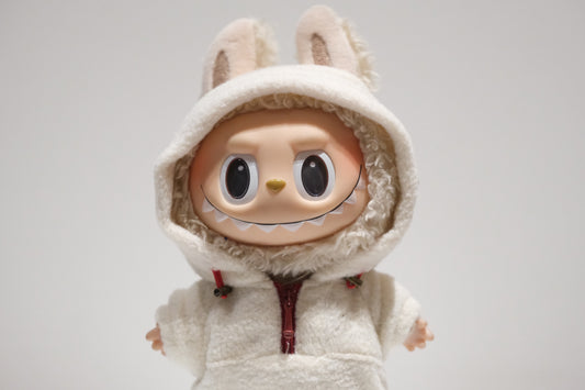 Labubu figure wearing a 3-piece teddy fleece hoodie and pants cozy winter outfit with sneakers