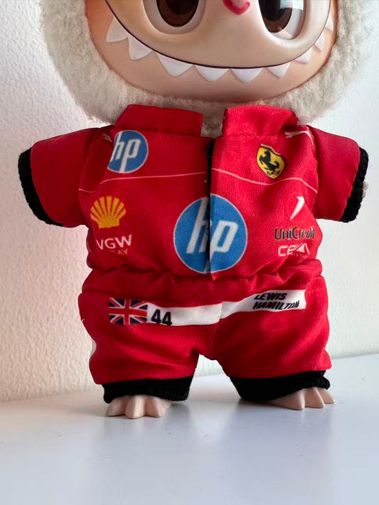details of labubu F1 Ferrari jumpsuirt