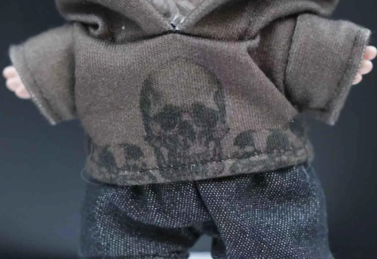Close-up of a dark gray hoodie with a skull design