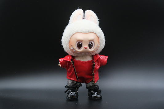 LABUBU plush doll wearing a handmade leather jacket, vest, and fishnet stockings, inspired by Blackpink's Lisa