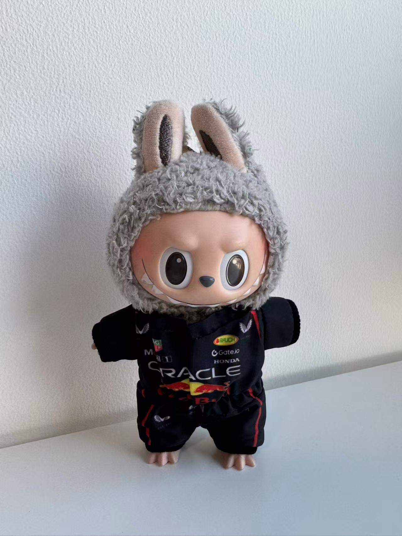 front view of labubu red bull jumpsuit