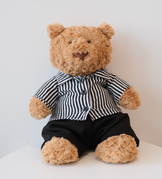 Styled Jellycat Bartholomew Bear doll wearing a custom-made classic shirt and pants set, ideal for a traditional gift.