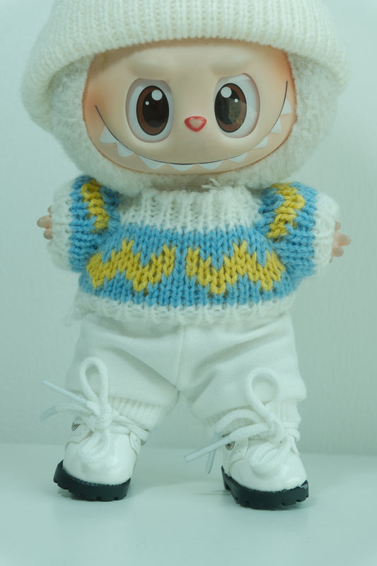details of labubu with white shoes and a knitted blue and yellow boot cover