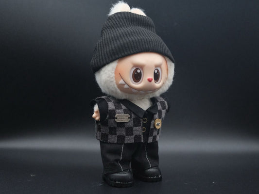 labubu wear black headband, Black and gray checkered pattern cardigan, black pants and black shoes