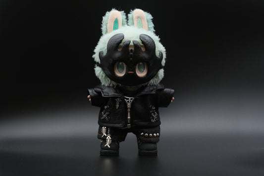 A Labubu figure wearing a 5-piece monster streetwear outfit, including a black leather jacket, jeans, and a scary mask.