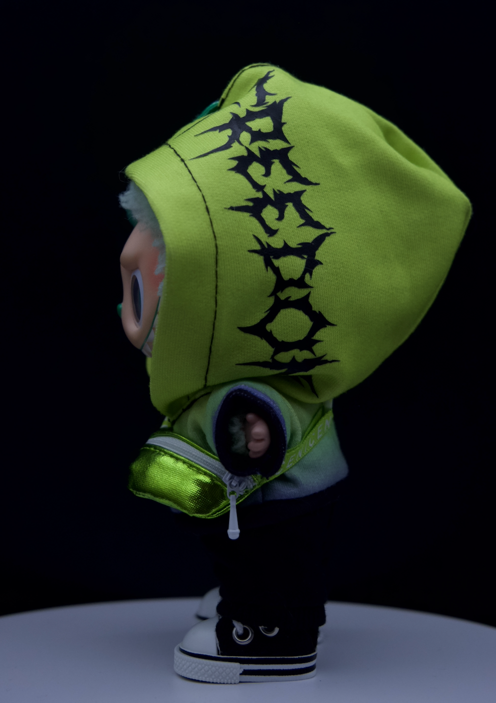 Detailed shot of the Labubu outfit's hoodie jacket