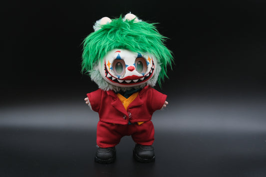A Labubu figure wearing a 7-piece Joker costume, including a suit, shirt, vest, pants, shoes, wig and signature mask
