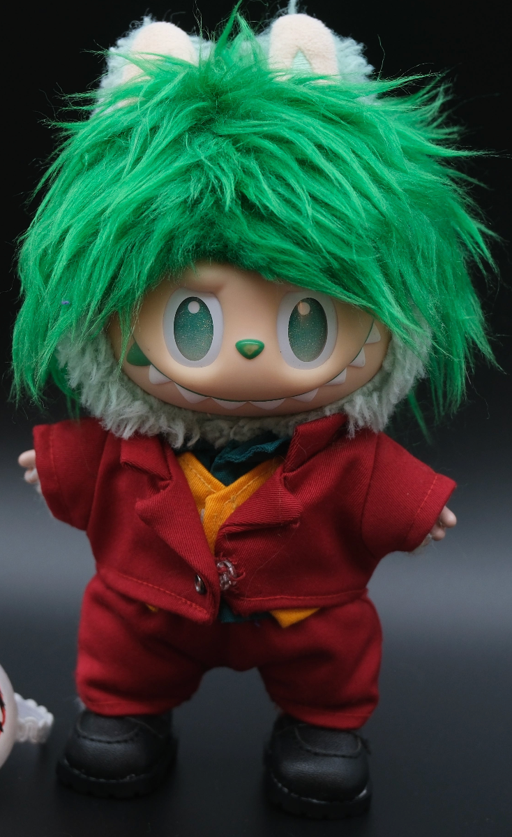 A Labubu figure wearing a 6-piece Joker costume, including a wig,suit, shirt, vest, pants and shoes