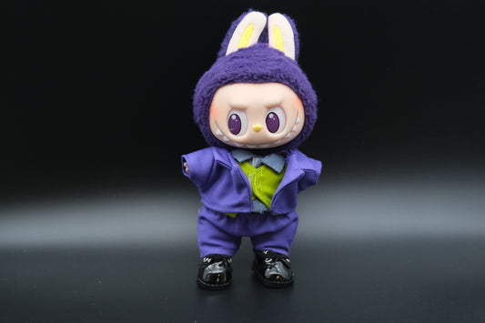 A Labubu figure wearing a 6-piece Halloween Joker costume, including a purple suit, green vest, shoes, and signature mask