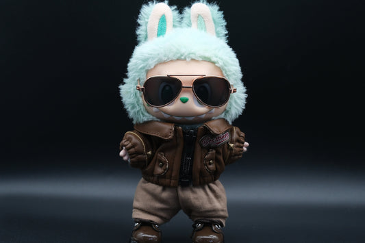 laubu wear a sunglasses, brown leather jacket, pants and shoes