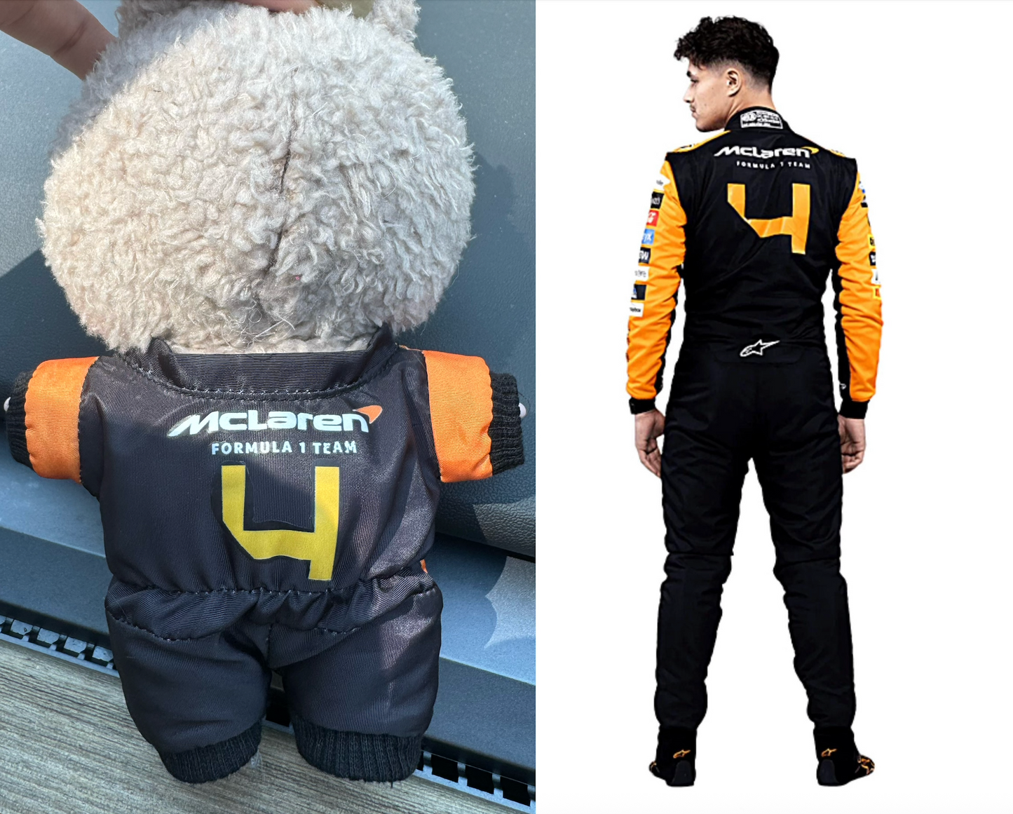 Close-up on the chest of a miniature McLaren F1 jumpsuit at back
