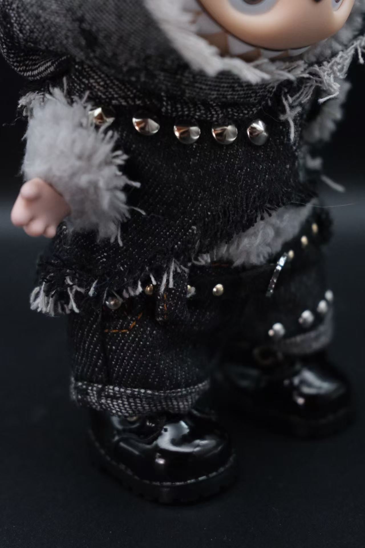 Labubu Spiked Denim Hoodie Outfit | Punk Streetwear 4-Piece Set