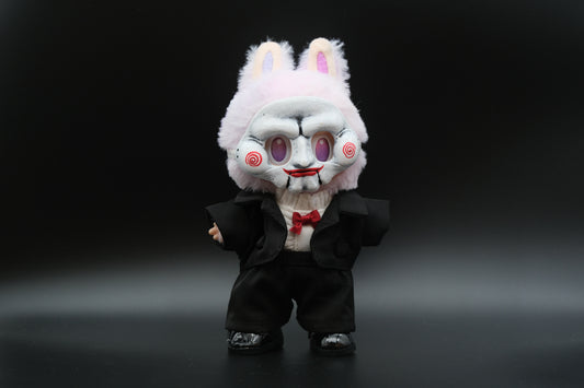 A Labubu figure wearing a 6-piece theatrical villain suit, including a plaid jacket, pants, and a creepy mask.