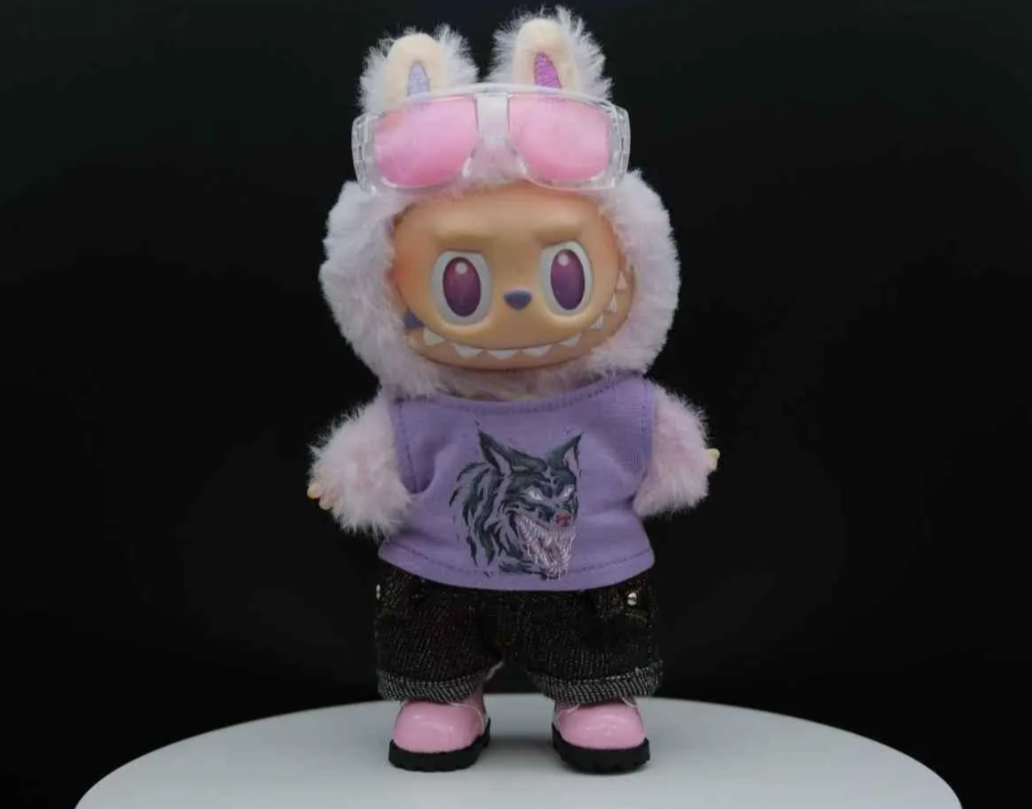 LABUBU plush doll wearing a light purple vest with a wolf graphic and fuzzy pink sleeves