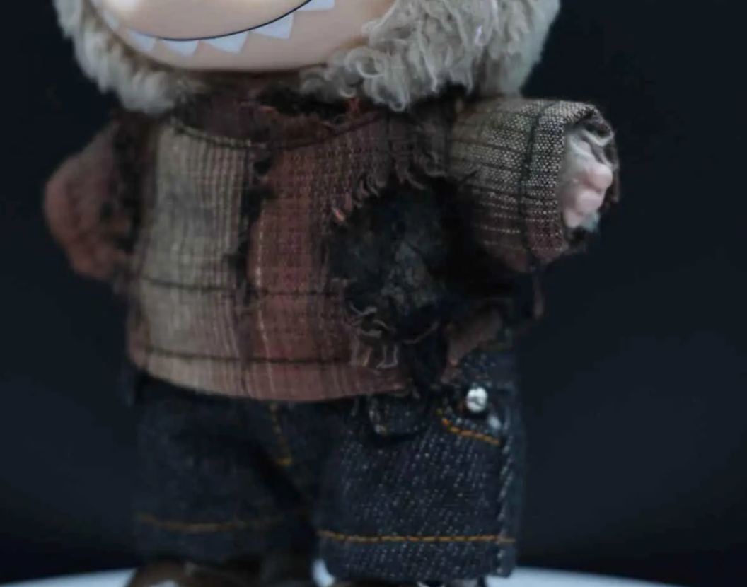 LABUBU plush doll wearing sunglasses and a wasteland punk t-shirt