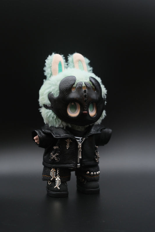 A Labubu figure wearing a 5-piece monster streetwear outfit, including a black leather jacket, jeans, and a scary mask.