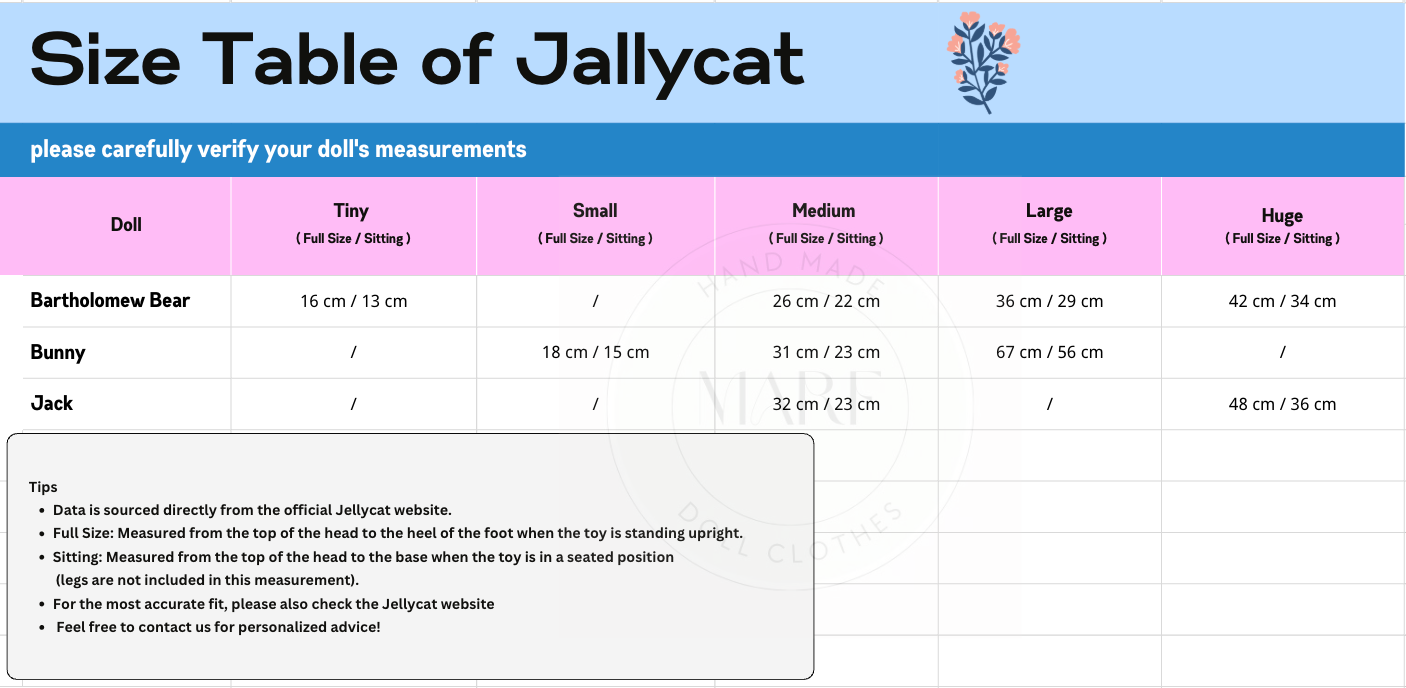 show different size of jellycat dolls