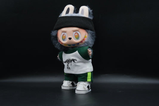 side view of Labubu Dinosaur T-Shirt Outfit including headband, t-shirt, and green shoes