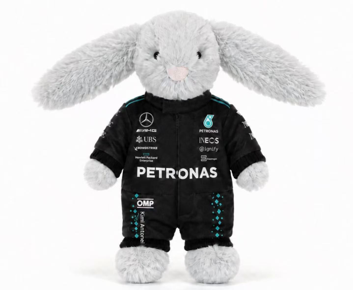 Jellycat Bunny Clothes: Mercedes F1 Outfit for Kimi Antonelli, Jellycat Bunny Medium ,Outfit,Racing F1 Jumpsuit Set ,Handmade Plush Clothes,No Dolls