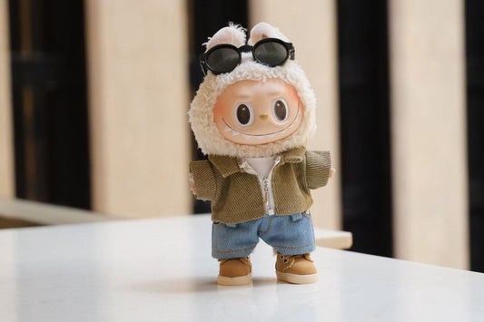 A collectible figure wearing a 5-piece denim street style outfit, including a jacket, T-shirt, jeans, shoes, and sunglasses