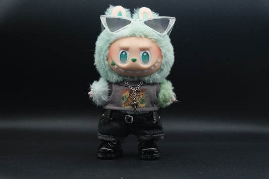 Labubu Clothes (doll not included) | Labubu Outfit | Labubu Streetwear | Street fashion Combo - Sunglasses ,Trendy Necklace ,T - shirt, Pants ,Belt, Shoes
