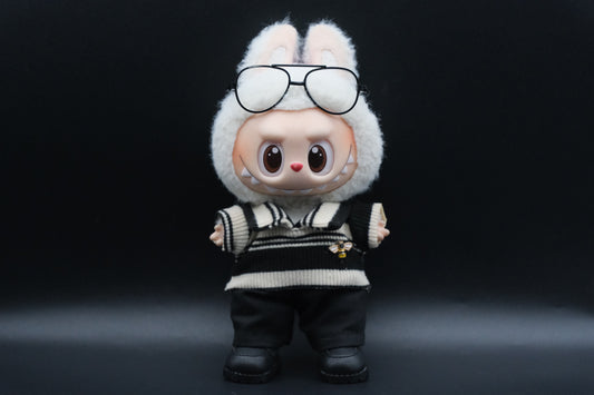 Labubu Clothes (doll not included) | Labubu Outfit | Labubu Streetwear | American Vintage Outfit- Glasses, Striped Sweater with Bee accessory, Black Pants,Shoes