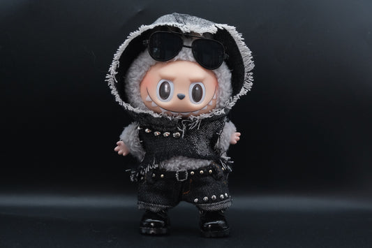 Labubu Clothes (doll not included) | Labubu Outfit | designer outfit |Biker Punk Outfit- Hoodie,Denim,Leather belt, Shoes, Sunglasses
