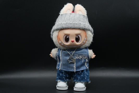 Labubu Clothes (doll not included) | Labubu Outfit | designer outfit |High Street Overlook Outfit- Hat, Denim T-shitt, Jeans, Shoes,Necklace