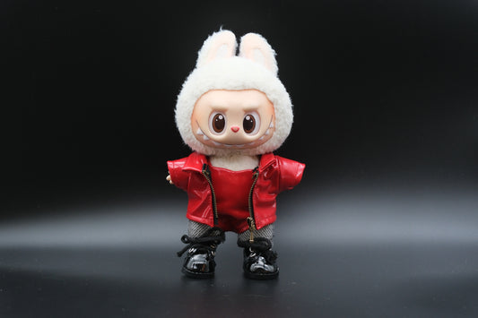 LABUBU plush doll wearing a handmade leather jacket, vest, and fishnet stockings, inspired by Blackpink's Lisa