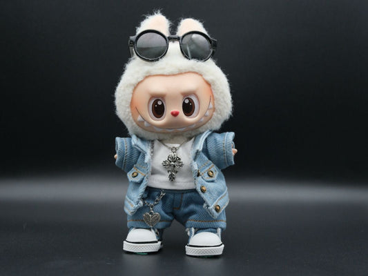 Labubu Clothes (doll not included) | Labubu Outfit | Light Blue Denim Outfit – jacket, jeans, vest, shoes, necklace, sunglasses
