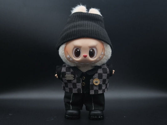 Labubu Clothes (doll not included) | Labubu Outfit | Labubu Streetwear | Cool Checkered Gentleman -Knit Beanie, Checkered Waistcoat, Shorts, Leather Shoes