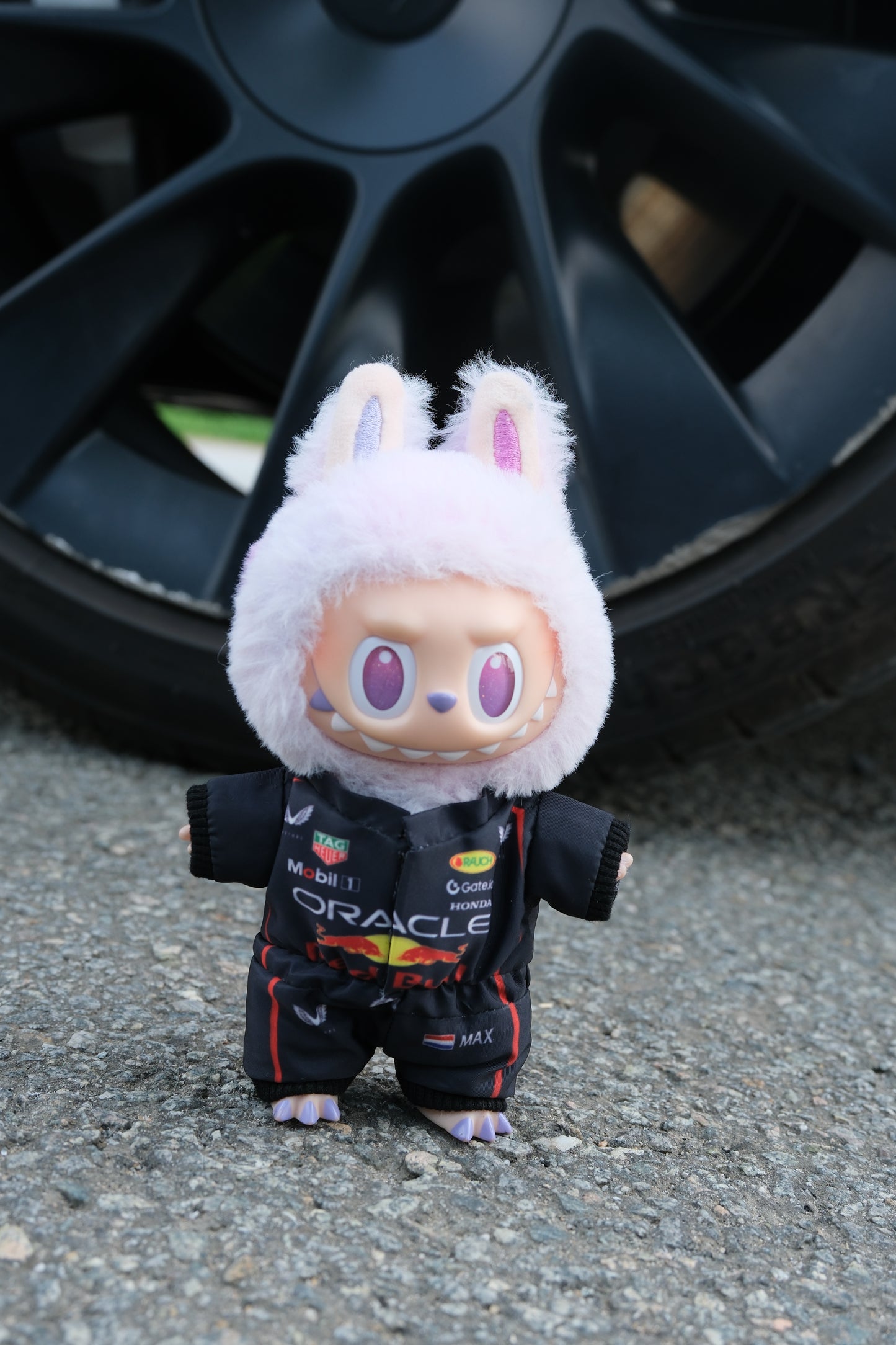 LABUBU dolls wearing handmade F1 team uniforms from Red Bull Racing 