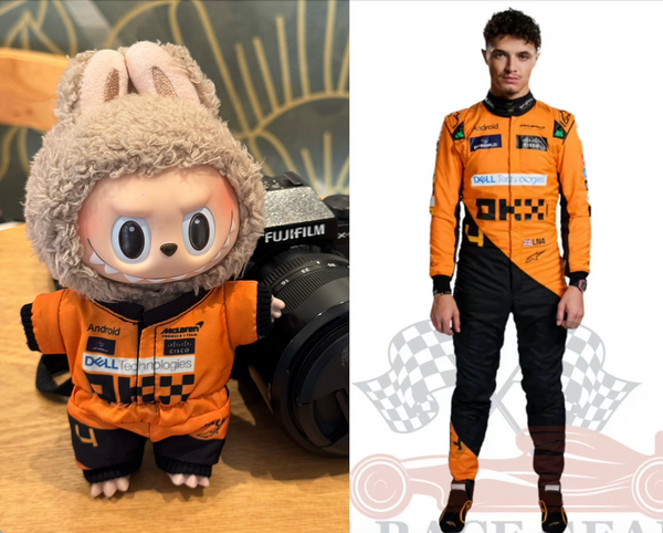 Close-up on the chest of a miniature McLaren F1 jumpsuit