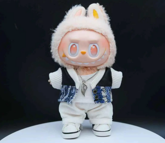 LABUBU plush doll wearing a textured black jacket and black and white plaid pants