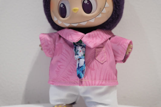 Close-up of The labubu  figure in the Nick Wilde inspired striped tie and collared shirt