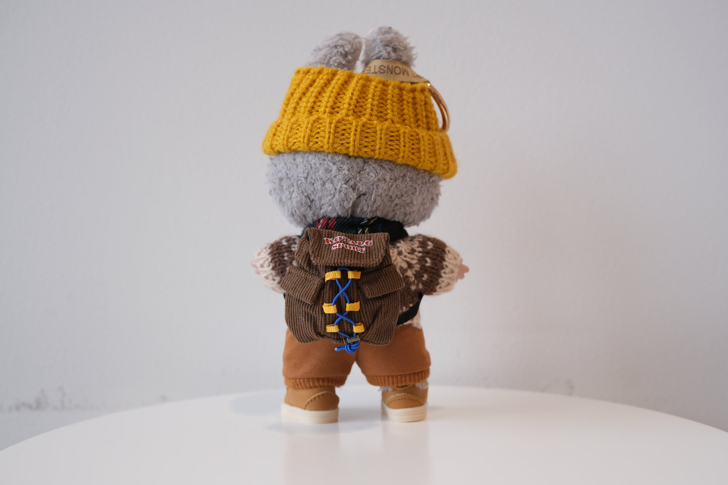 Labubu figure wearing a 5-piece winter knit outfit, including a Fair Isle sweater and yellow beanie