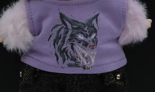 labubu wearing a purple shirt with a wolf design on a black background