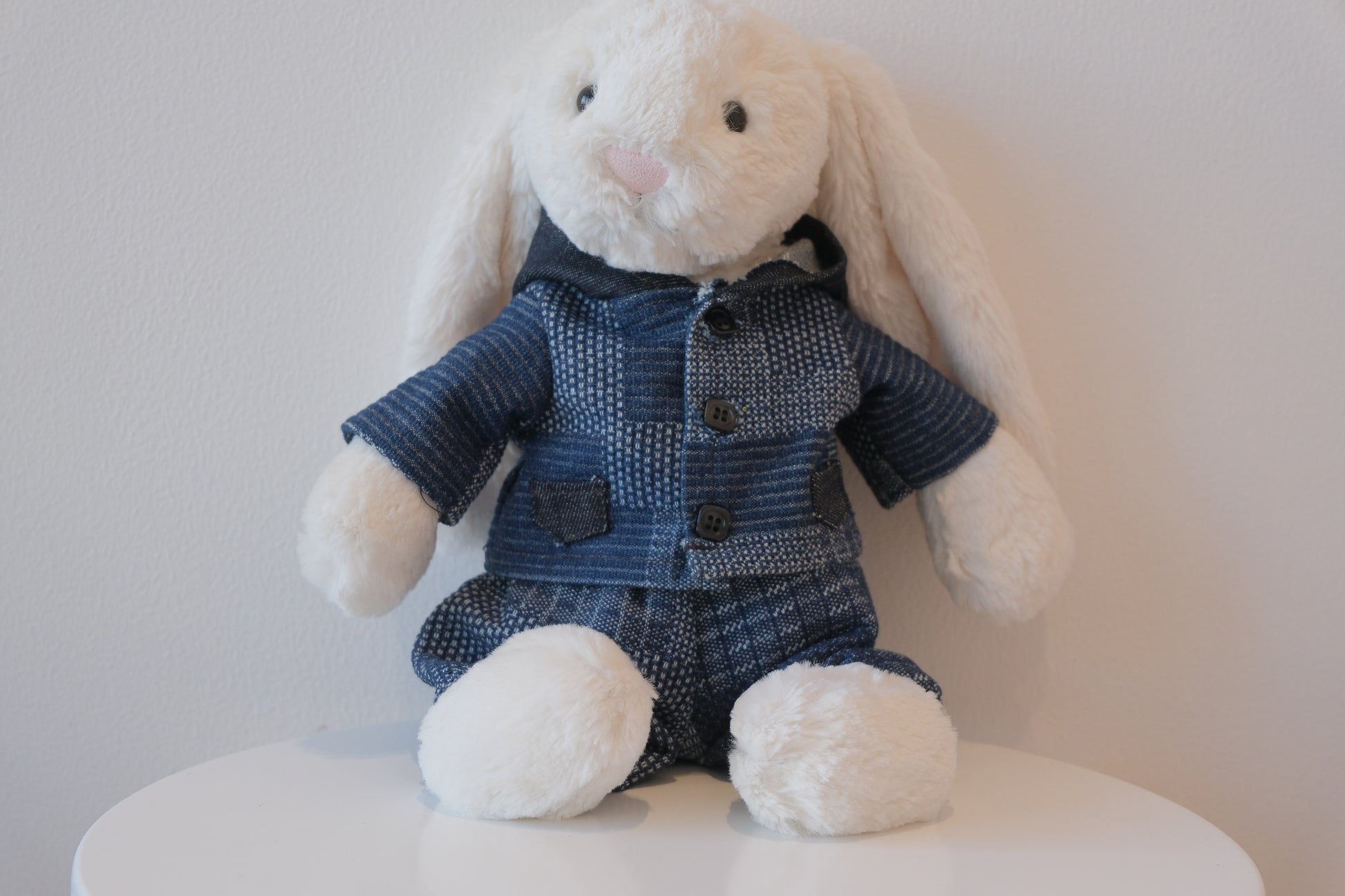 Jellycat Bunny wearing handmade indigo textured hooded jacket and denim jeans set.