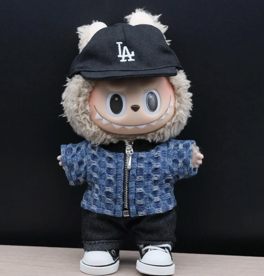 LABUBU plush doll wearing a handmade black jacket with a fuzzy collar and a matching hat