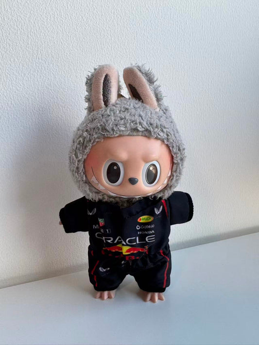 front view of labubu red bull jumpsuit