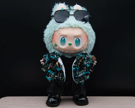 LABUBU plush doll wearing a handmade black tweed jacket with blue and green threads