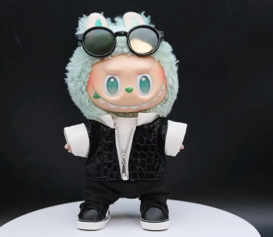 LABUBU plush doll wearing a textured black and white zipper jacket with round glasses