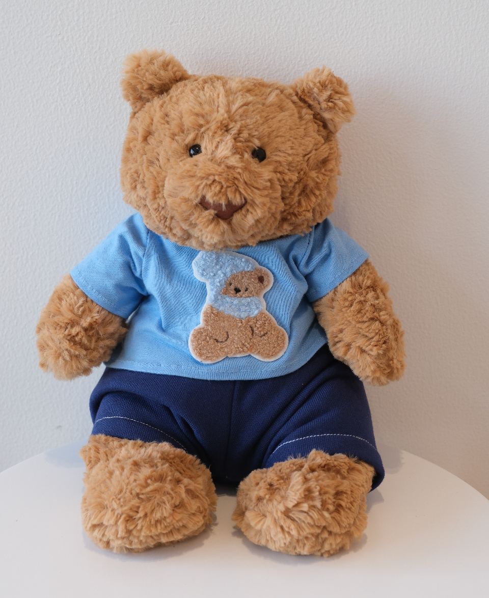 Styled Jellycat Bartholomew Bear doll wearing a custom-made simple T-shirt and pants set, ideal for everyday play.