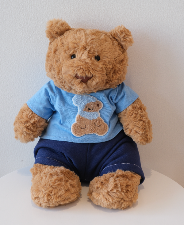 Styled Jellycat Bartholomew Bear doll wearing a custom-made simple T-shirt and pants set, ideal for everyday play.