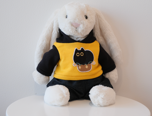 Jellycat Bashful Bunny wearing a 2-piece cozy athleisure outfit with a miniature hoodie and matching jogger pants.